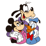 Mickey Mouse, Pato Donald e Pateta se abraçando, representando a amizade entre os personagens clássicos da Disney.