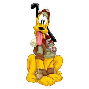 Cachorro animado Pluto vestido de piloto, com língua de fora e expressão alegre, sentado em um fundo verde.