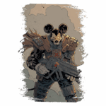 Imagem de um personagem de quadrinhos com aparência de rato, vestindo uma armadura futurista e segurando uma arma de fogo. O personagem tem orelhas grandes e um design agressivo, destacando-se em um fundo nebuloso.