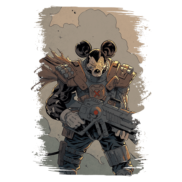 Imagem de um personagem de quadrinhos com aparência de rato, vestindo uma armadura futurista e segurando uma arma de fogo. O personagem tem orelhas grandes e um design agressivo, destacando-se em um fundo nebuloso.