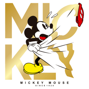 Mickey Mouse puxando uma cortina, com destaque para o nome "Mickey" em letras douradas e a data "since 1928". Ilustração vibrante do famoso personagem da Disney, usando sapatos amarelos e expressando surpresa.