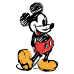 Ilustração do personagem Mickey Mouse, com traços estilizados em preto e detalhes em vermelho e amarelo, sorrindo e em uma pose alegre. Ideal para representar a cultura pop e o entretenimento infantil.