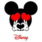 Logo do Mickey Mouse com corações vermelhos e mãos fazendo um gesto de coração, acompanhado da assinatura "Disney".