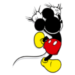 Mickey Mouse, personagem icônico da Disney, com luvas brancas, calças vermelhas e sapatos amarelos, fazendo uma pose divertida e sorridente.