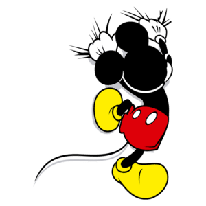 Mickey Mouse, personagem icônico da Disney, com luvas brancas, calças vermelhas e sapatos amarelos, fazendo uma pose divertida e sorridente.