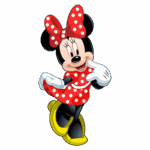 Minnie Mouse, personagem icônica da Disney, vestindo um vestido vermelho com bolinhas brancas e laço na cabeça, em pose divertida e alegre.