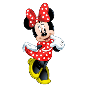 Minnie Mouse, personagem icônica da Disney, vestindo um vestido vermelho com bolinhas brancas e laço na cabeça, em pose divertida e alegre.