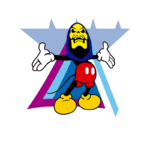 Imagem de um personagem estilizado que combina elementos de um esqueleto e um rato, com a palavra "LAMA" em destaque. O fundo apresenta formas geométricas coloridas, criando um visual dinâmico e vibrante. Ideal para temas de cultura pop e design gráfico.