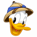 Pato Donald com chapéu de explorador, sorrindo e com expressão alegre. Ideal para ilustrações sobre personagens da Disney e cultura pop.