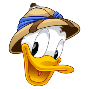 Pato Donald com chapéu de explorador, sorrindo e com expressão alegre. Ideal para ilustrações sobre personagens da Disney e cultura pop.
