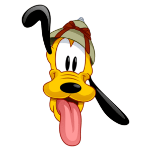Cachorro Pluto com língua de fora, usando um chapéu com laço, em fundo verde. Personagem icônico da Disney, conhecido por sua personalidade divertida e leal.