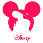 Logotipo estilizado da Disney com as icônicas orelhas de Mickey Mouse em rosa, apresentando uma silhueta de uma personagem mágica e o nome "Disney" abaixo.