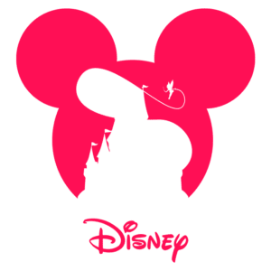 Logotipo estilizado da Disney com as icônicas orelhas de Mickey Mouse em rosa, apresentando uma silhueta de uma personagem mágica e o nome "Disney" abaixo.