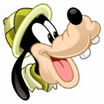Cabeça do personagem Goofy, usando um chapéu de explorador e sorrindo, com destaque para seus grandes olhos e dentes brancos. Ideal para conteúdos sobre personagens da Disney e cultura pop.