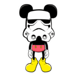 Personagem estilizado que combina elementos do Mickey Mouse e um soldado imperial de Star Wars, com orelhas de rato, capacete de stormtrooper e roupas coloridas.