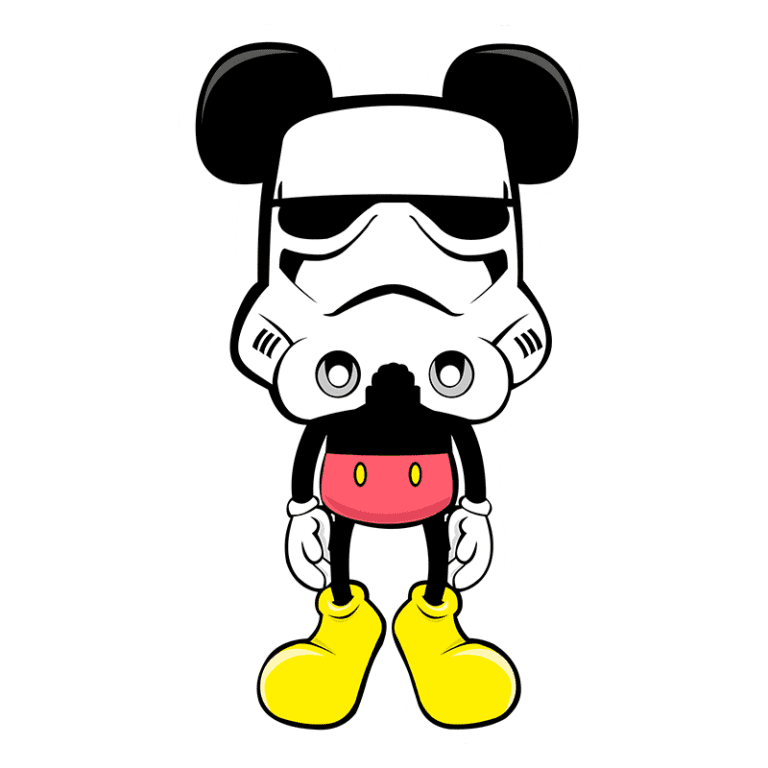 Personagem estilizado que combina elementos do Mickey Mouse e um soldado imperial de Star Wars, com orelhas de rato, capacete de stormtrooper e roupas coloridas.
