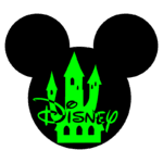 Logo da Disney com castelo verde dentro da silhueta das orelhas de Mickey Mouse, representando a magia e a fantasia dos parques temáticos e das animações da marca.