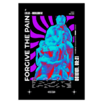 Imagem colorida com uma composição artística que destaca esculturas clássicas em tons de azul e rosa, acompanhada de texto estilizado "FORGIVE THE PAIN" e elementos gráficos modernos. A arte reflete uma fusão de estética contemporânea e clássica, criando um impacto visual marcante.