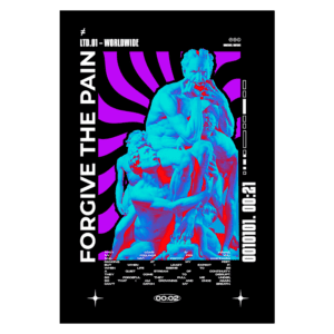 Imagem colorida com uma composição artística que destaca esculturas clássicas em tons de azul e rosa, acompanhada de texto estilizado "FORGIVE THE PAIN" e elementos gráficos modernos. A arte reflete uma fusão de estética contemporânea e clássica, criando um impacto visual marcante.