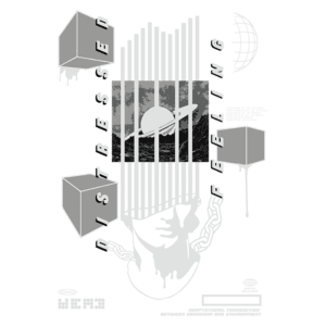 Imagem artística abstrata com a frase "Distressed Feeling". Apresenta elementos gráficos como cubos, uma representação de planeta e linhas verticais, simbolizando emoções e a sensação de estresse. Design moderno em tons de preto e branco.