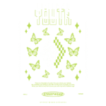 Design gráfico com a palavra "YOUTH" em destaque, rodeada por borboletas e padrões geométricos em verde e branco. Estilo streetwear com elementos criativos que simbolizam a juventude e a energia. Ideal para moda urbana e expressão artística.