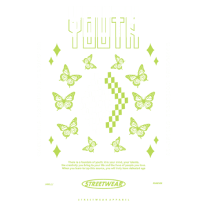 Design gráfico com a palavra "YOUTH" em destaque, rodeada por borboletas e padrões geométricos em verde e branco. Estilo streetwear com elementos criativos que simbolizam a juventude e a energia. Ideal para moda urbana e expressão artística.