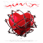 Coração vermelho envolto em arame farpado, simbolizando dor e sacrifício, com a palavra "BLEED" em destaque no topo.