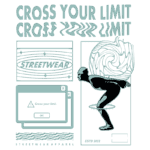 Design gráfico de streetwear com a frase "Cross Your Limit", apresentando uma figura estilizada em movimento e elementos visuais como janelas de computador e padrões abstratos. Ideal para moda urbana e cultura jovem.