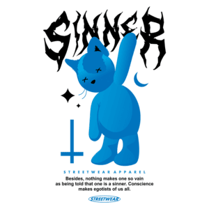 Imagem de uma ilustração de um gato azul estilizado, com a palavra "SINNER" em destaque no topo. O gato levanta uma das patas, com um fundo gráfico que inclui um símbolo de cruz e elementos decorativos. A arte é parte de uma coleção de streetwear, transmitindo uma mensagem sobre a vaidade e a consciência.