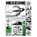 Design gráfico estilizado com tema espacial, apresentando o texto "NEOZONE" e imagens de planetas, antenas e padrões camuflados. A arte é predominantemente em verde, destacando elementos de streetwear e cultura urbana.