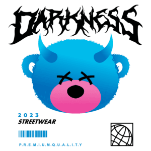 Ilustração de um ursinho azul estilizado com detalhes em rosa, representando a coleção de streetwear "Darkness" 2023, destacando a qualidade premium do produto.