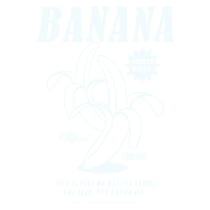 Design gráfico de camiseta com tema de banana, apresentando a frase "A vida é cheia de cascas de banana. Você escorrega, você continua." Estilo streetwear com ilustrações de bananas e elementos gráficos atraentes.