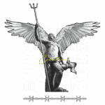 Estátua de figura alada segurando um tridente, com o texto "Hustle Vibes" em destaque, representando a coleção 2023. Design moderno e ousado com elementos gráficos.