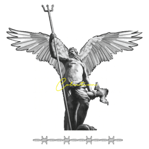 Estátua de figura alada segurando um tridente, com o texto "Hustle Vibes" em destaque, representando a coleção 2023. Design moderno e ousado com elementos gráficos.