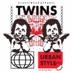 Design gráfico de streetwear com ilustração de gêmeos, destacando a marca "TWINS" e o slogan "URBAN STYLE". O layout apresenta elementos urbanos e uma estética moderna, ideal para moda casual.