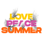 Design gráfico vibrante da coleção de verão 2023 da INTL Summer Clothing Co., com as palavras "LOVE", "PEACE" e "SUMMER" em letras grandes e coloridas, acompanhadas por pombas brancas em voo.