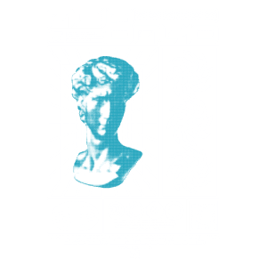 Imagem estilizada do busto de David em arte digital, com fundo em malha 3D e elementos gráficos dinâmicos. Inclui texto em fonte futurista e ícones decorativos, representando uma fusão de arte clássica e design contemporâneo. Ideal para projetos de arte digital e cultura pop.