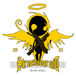 Design de logo da marca Streetwear 2022, apresentando uma figura de anjo estilizada com asas amarelas e um fundo preto, acompanhado do texto "BLACK ANGEL". Ideal para moda urbana.