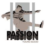 Imagem estilizada de um dançarino em movimento, destacando a palavra "PASSION" em letras grandes e a frase "YOUNG BLOOD" abaixo. O design combina elementos gráficos com uma silhueta dinâmica, evocando energia e criatividade.