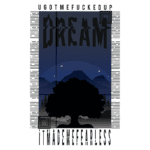 Design gráfico com a frase "DREAM" destacada, acompanhada de uma ilustração de uma árvore e montanhas ao fundo, simbolizando sonhos e superação. Estilo moderno com cores escuras e elementos de natureza.