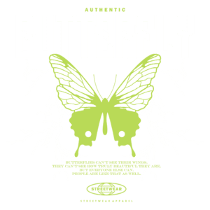 Design gráfico de uma camiseta com a ilustração de borboletas verdes simétricas, acompanhadas de elementos gráficos em estilo de raios. O texto destaca a beleza das borboletas e reflete sobre a percepção da beleza nas pessoas, promovendo uma marca de streetwear.