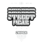 Design moderno de logotipo para marca de streetwear, apresentando as palavras "SUPER STREET WEAR" em estilo gráfico ousado. O design inclui elementos de arte urbana e uma estética contemporânea, ideal para atrair jovens interessados em moda urbana.
