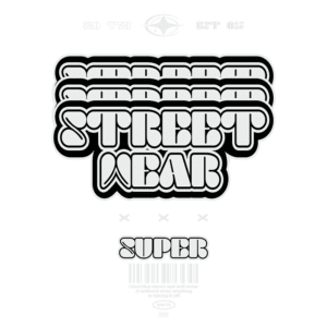Design moderno de logotipo para marca de streetwear, apresentando as palavras "SUPER STREET WEAR" em estilo gráfico ousado. O design inclui elementos de arte urbana e uma estética contemporânea, ideal para atrair jovens interessados em moda urbana.