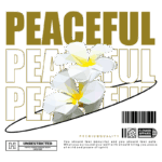 Imagem estilizada com flores brancas e amarelas sobre fundo verde, acompanhada de texto em destaque "PEACEFUL". Design moderno que transmite serenidade e beleza, ideal para produtos de vestuário que promovem bem-estar e tranquilidade.