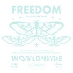 Design gráfico com duas borboletas estilizadas e texto sobre liberdade e diferença entre Rhopalocera e Heterocera. Estilo urbano e streetwear, destacando a mensagem "Freedom is a state of mind" e "Worldwide".