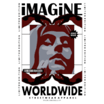 Design gráfico de camiseta de streetwear com tema de fantasia, apresentando uma figura central estilizada e as palavras "IMAGINE" e "WORLDWIDE". Destaca edição limitada e qualidade premium.