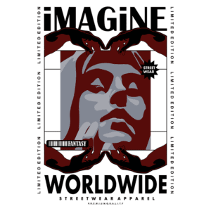 Design gráfico de camiseta de streetwear com tema de fantasia, apresentando uma figura central estilizada e as palavras "IMAGINE" e "WORLDWIDE". Destaca edição limitada e qualidade premium.
