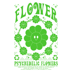 Ilustração de flores psicodélicas em verde, com um design vibrante e divertido. O texto destaca a importância das flores no sistema reprodutivo das plantas, enfatizando seu papel na formação e crescimento. Ideal para temas relacionados à botânica e arte psicodélica.