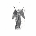 Estátua de anjo em destaque com fundo verde, acompanhada de texto estilizado que diz "WORLD". A imagem transmite uma mensagem sobre a responsabilidade social e a inação diante do mal no mundo. Elementos gráficos incluem velas e ícones decorativos, criando um contraste visual marcante.