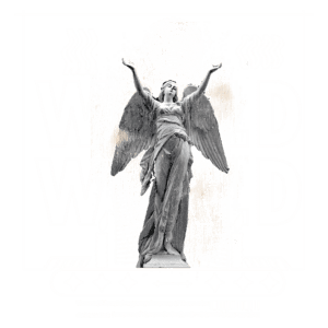 Estátua de anjo em destaque com fundo verde, acompanhada de texto estilizado que diz "WORLD". A imagem transmite uma mensagem sobre a responsabilidade social e a inação diante do mal no mundo. Elementos gráficos incluem velas e ícones decorativos, criando um contraste visual marcante.
